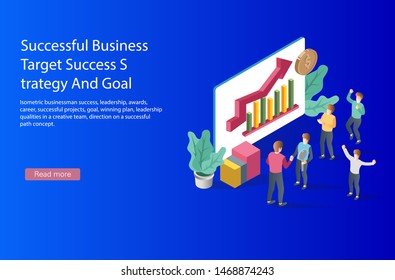 Isometric businessman success, leadership, awards, career, successful projects, goal, winning plan, leadership qualities in a creative team, direction on a successful path concept.