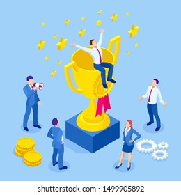 Isometric businessman success, leadership, awards. A man on top of success. The rest of the people are looking at him.