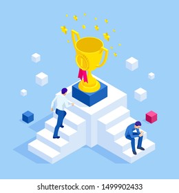 Isometric businessman success, leadership. A man climbs the steps of career growth and success to the gold cup. A symbol of success, good luck and wealth.