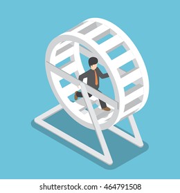 Isometric Businessman In A Suit Running In A Hamster Wheel, Business Challenge And Daily Routine Concept