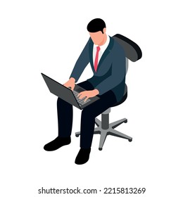 Isometric businessman in suit working on laptop in office 3d vector illustration