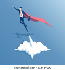 Isometric businessman superhero flies up and leaves a cloud of dust. Super worker in the red robe takes off. Business concept's power and uniqueness