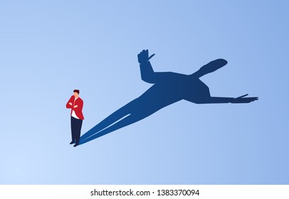 Isometric businessman with superhero shadow, businessman ambition and success concept