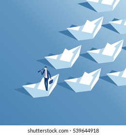 Isometric businessman with telescope floats on a paper boat and leads a group of other paper boats. Business concept  leader and team