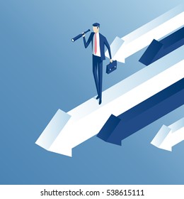 Isometric businessman with telescope stands on moving forward arrow. Business concept search capabilities and good direction
