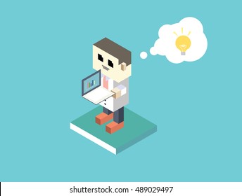 Isometric businessman thinking about work holding laptop