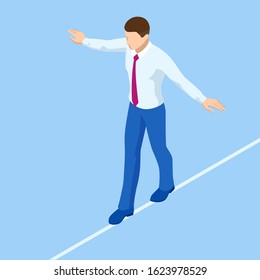 Isometric businessman tightrope walker is on the rope. Risk challenge in business, business risk, conquering adversity problems solution