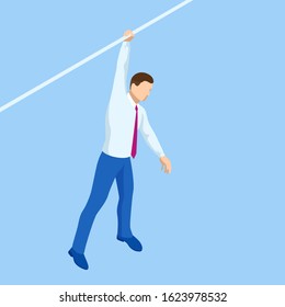 Isometric businessman tightrope walker is on the rope. Risk challenge in business, business risk, conquering adversity problems solution
