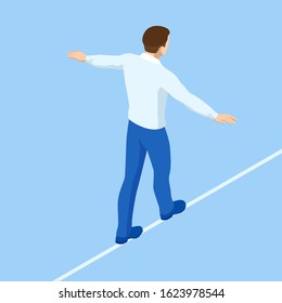 Isometric businessman tightrope walker is on the rope. Risk challenge in business, business risk, conquering adversity problems solution