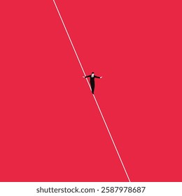 Isometric businessman tightrope walker is on the rope. Teetering on the cable. Business challenge and risk concept. Simple minimal design. Trendy style graphic. Flat vector illustration.