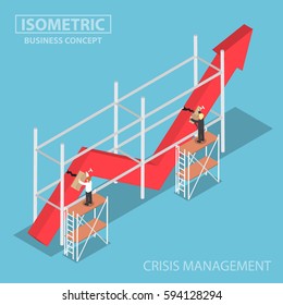 Isometric Businessman Trying To Fix Broken Graph, Financial And Crisis Management Concept