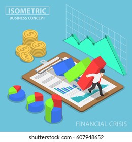 Isometric businessman trying to stop falling graph, business and financial crisis concept