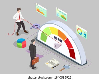 Isometric businessman turning risk meter arrow back with rope, flat vector illustration. Effective risk management, measurement, monitoring, assessment and control.
