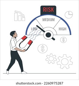 Empresario isométrico girando la flecha del medidor de riesgo hacia atrás con la ilustración magnate vectorial plana. Gestión, medición, seguimiento, evaluación y control eficaces de los riesgos. Medidor de Gestión de Riesgos, Bolsa.