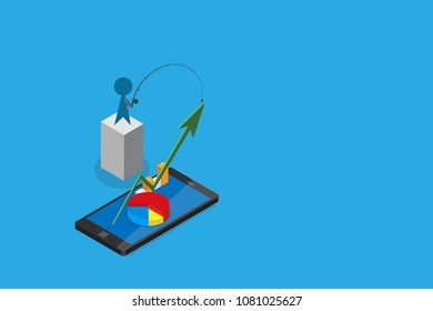 isometric businessman use fishing rod to pull green arrow from smartphone, digital online and business concept
