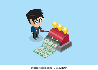 isometric businessman use idea machine to make banknotes, idea and business concept