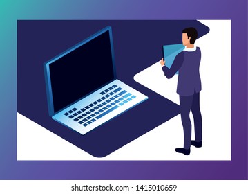 Isometric businessman using tablet and laptop banner vector illustration graphic design