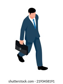 Isometric businessman walking in suit with briefcase 3d vector illustration