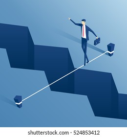 isometric businessman is walking a tightrope across the gap in the earth, employee of the tightrope walker is walking a tightrope over the abyss, business concept challenge and the risk