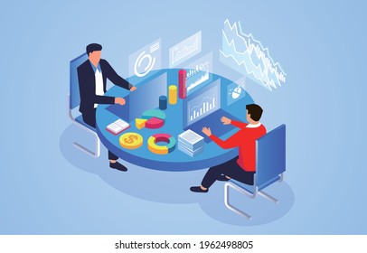 Isometric businessman working, business data analysis, business statistics expert team