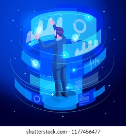 Isometric businessman works virtual screen, looks documents, analyzes, reports, data using high technologies, back view