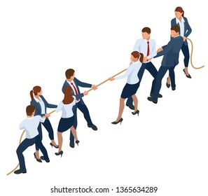 Isometric Businessmen And Businesswomen In Suit Pull The Rope, Competition, Conflict. Tug Of War And Symbol Of Rivalry.