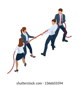 Isometric businessmen and businesswomen in suit pull the rope, competition, conflict. Tug of war and symbol of rivalry.
