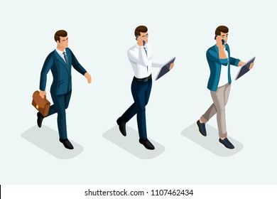 Isometric businessmen are coming forward, front view, emotions, business negotiations on the phone. The emotional gestures of the people