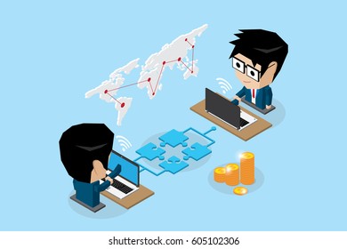 isometric businessmen connecting online by jigsaw puzzle and notebook, connection and business concept