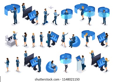 Isometric businessmen with gadgets, work on virtual screens, beautiful business design. Front view and rear. Emotions Characters for vector illustrations.