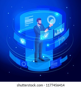 Isometric businessmen with gadgets, work on virtual screens, beautiful business design. Front view and rear view. Emotions Characters for vector illustrations