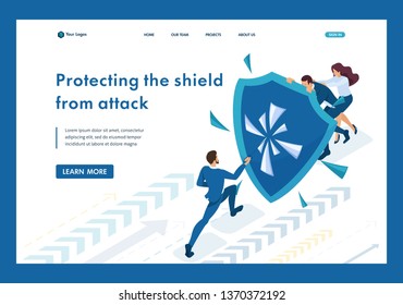 Isometric businessmen hiding behind a shield from attack. Template Landing page.