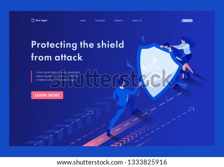 Isometric businessmen hiding behind a shield from attack. Template Landing page.