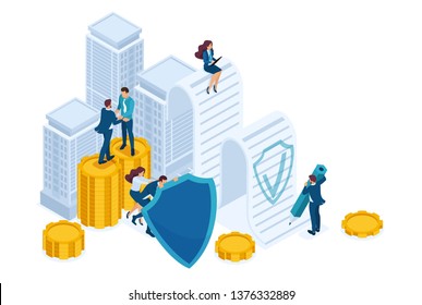 Isometric Businessmen insure their assets, investments and shares, shield. Concept for web design.