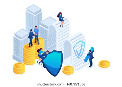Isometric Businessmen insure their assets, investments and shares, shield. Concept for web design.