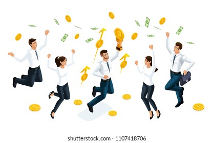Isometric businessmen jump and enjoy the big money that is served from the sky. The concept of making money. Vector illustration of a financial investor