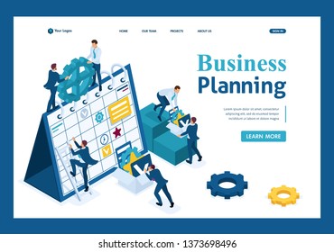 Isometric Businessmen make a business plan for the next month. Template Landing page.
