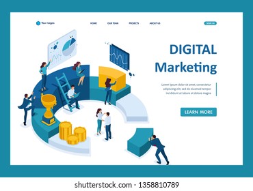 Isometric Businessmen make a report on digital marketing. Template Landing page.