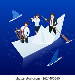 Isometric Businessmen on paper boat. Business team overcomes difficulties and risks. Visionary leading team, teamwork concept.