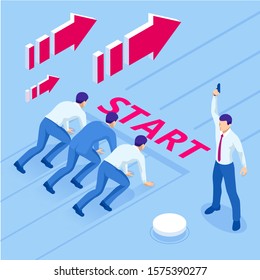 Isometric businessmen on a track-ready to run. Young businessman starting to his career. Concept business.