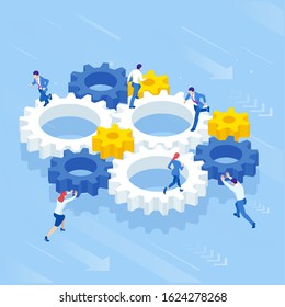 Isometric Businessmen running in gears wheels. The business of hard work, motivation and success concept.