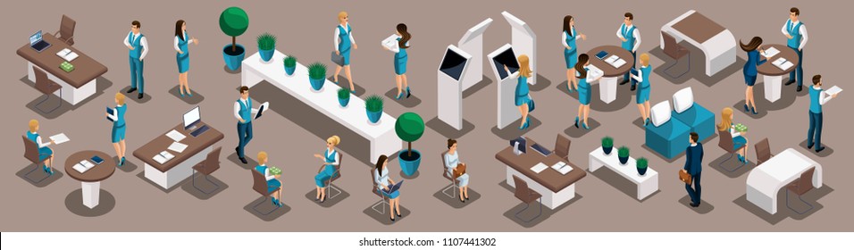 Isometric businessmen a set of concepts of the banking structure, bank employees, maintenance, management, loans, deposits. Horizontal banner vector illustration