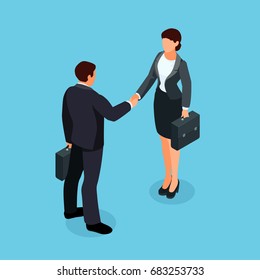 Isometric businessmen shake hands. 3d businessmen came to an agreement and completed the deal with a handshake. Template for banner or infographics. Vector illustration.