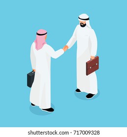 Isometric businessmen shake hands. 3d Muslim businessmen came to an agreement and completed the deal with a handshake. Template for banner or infographics. Vector illustration.