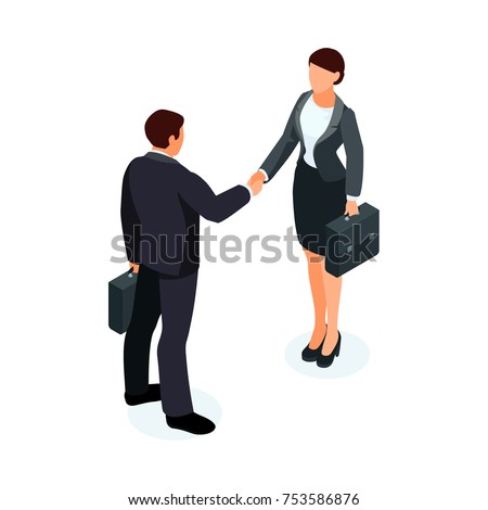 Isometric businessmen shake hands. 3d businessmen came to an agreement and completed the deal with a handshake. Template for banner or infographics. Vector illustration.
