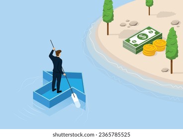 Isometric businessmen standing in an arrow boat paddling forward, finding goals for business or career development. Vision business concept.