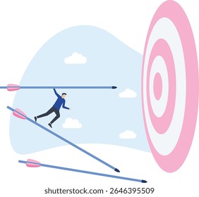 Isometric businessmen try again and again to dart shooting bull's-eye, failure is the first step to success, success is built on countless failures, stock illustration

