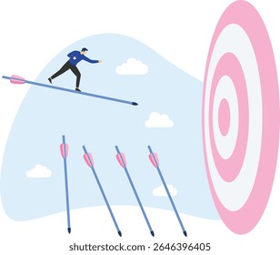 Isometric businessmen try again and again to dart shooting bull's-eye, failure is the first step to success, success is built on countless failures, stock illustration

