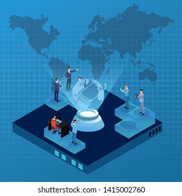 isometric businessmen working in the office with technology over digital world map background vector illustration graphic design