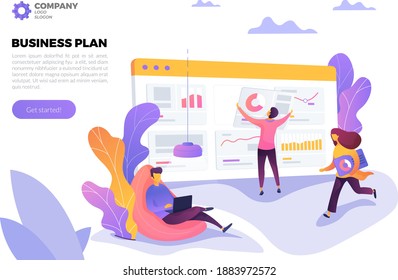 Isometric businessmen working-planing business goals-man with laptop-financial data charts in big screen-cartoon concept-creative character designs with abstract shapes